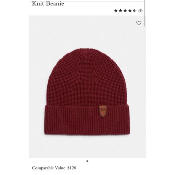 COACH Beanie Hat Wool Cherry Red NWT Leather C Tag - Picture 2 of 6